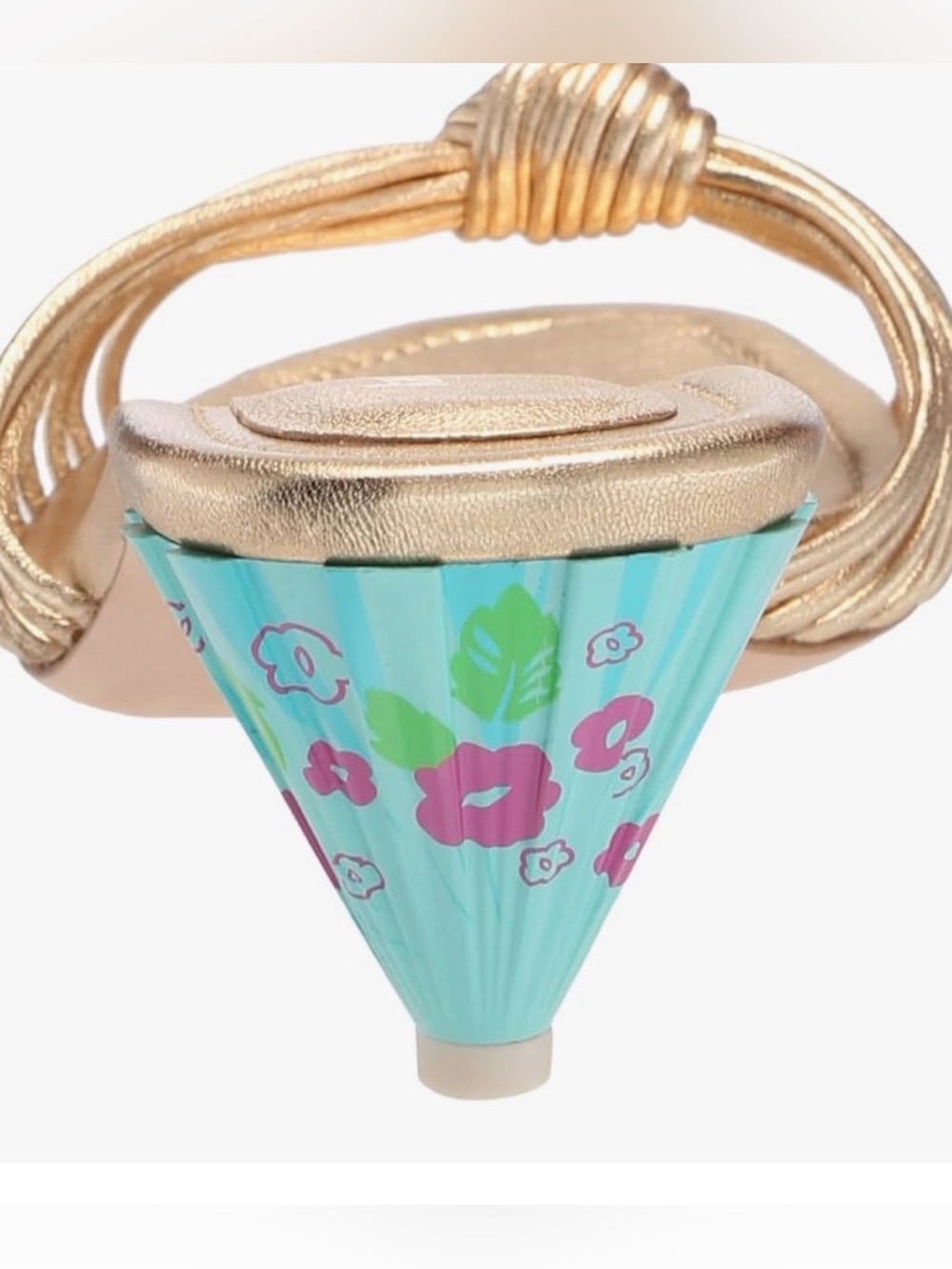 New kate spade Gold Metallic Knotted Tiki Sandals with Turquoise Floral Heel 6.5 - Picture 2 of 6
